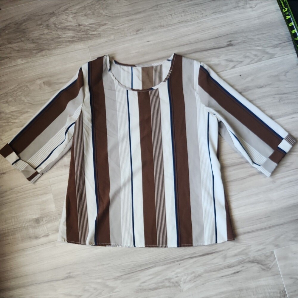 SHEIN Womens Medium Striped Blouse 3/4 Sleeve Round‎ Neck Casual Boho Top
